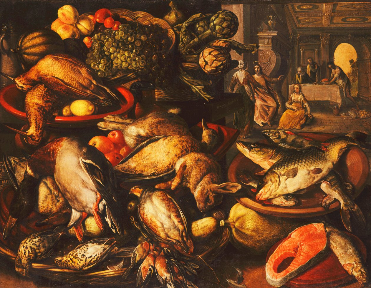 Dziczyzna, ryby, owoce i warzywa w koszach i miskach w spiżarni, 1569 autorstwa Joachim Beuckelaer