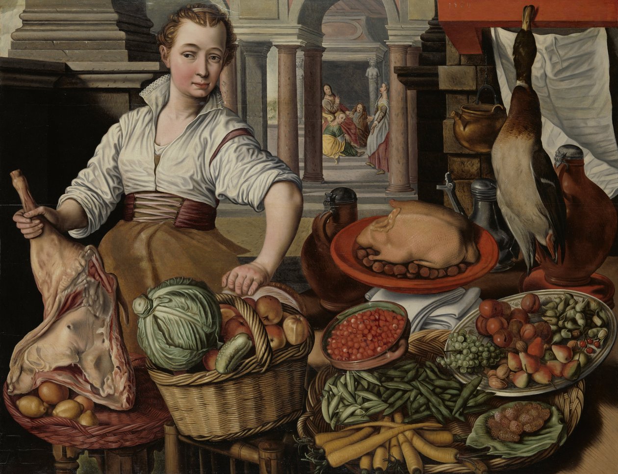 Scena kuchenna, w tle Jezus w Domu Marty i Marii, 1569 autorstwa Joachim Beuckelaer