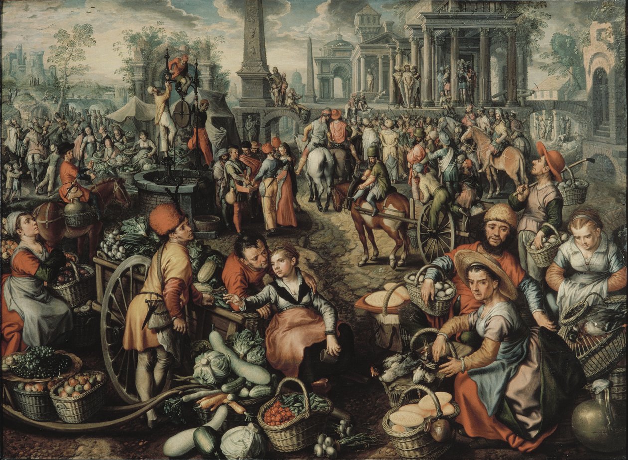 Scena targowa: Ecce Homo, Biczowanie i Niesienie Krzyża, 1561 autorstwa Joachim Beuckelaer