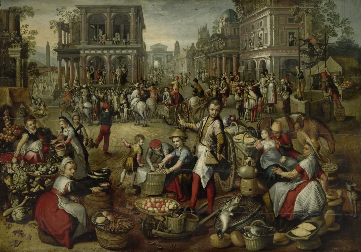 Rynek, w tle Biczowanie, Ecce Homo i Niesienie Krzyża, 1550-90 autorstwa Joachim Beuckelaer