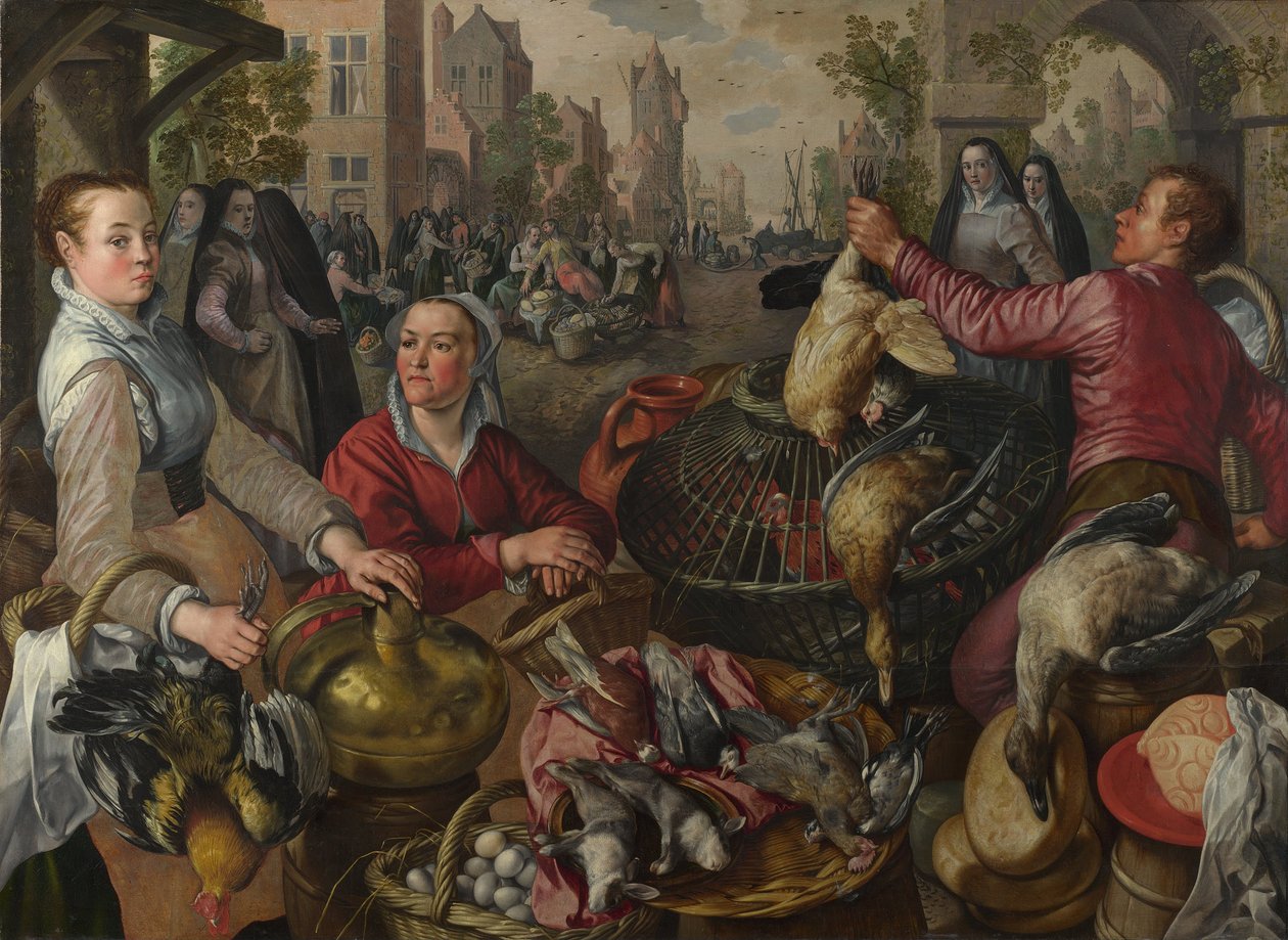 Cztery Żywioły: Stajnia z drobiem w mieście z synem marnotrawnym za nim - Alegoria Powietrza, 1569 autorstwa Joachim Beuckelaer