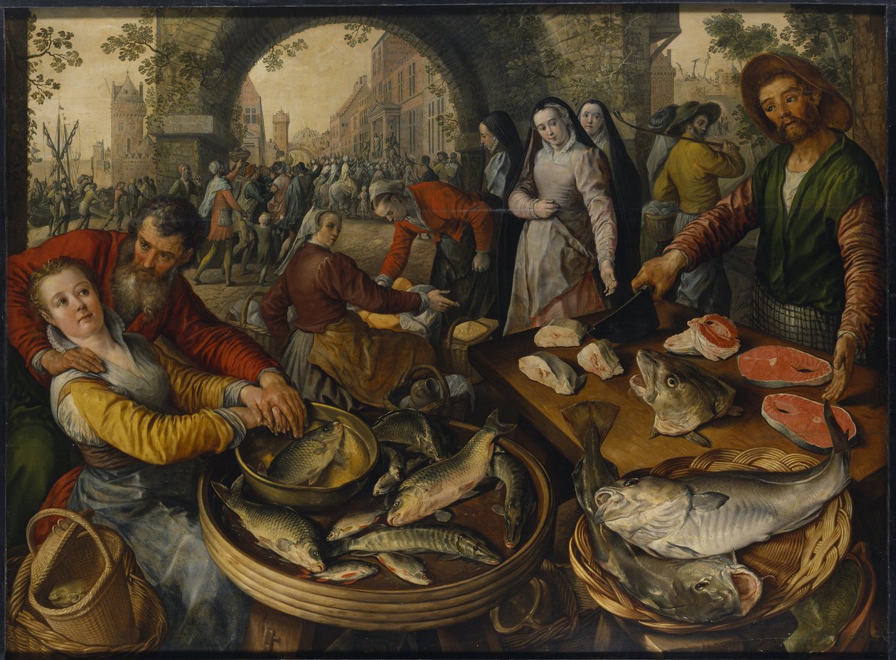 Targ rybny ze sceną z Ecce Homo - Targ rybny z Ecce Homo, autorstwa Beuckelaera, Joachima (ok. 1533-1574). olej na drewnie autorstwa Joachim Beuckelaer