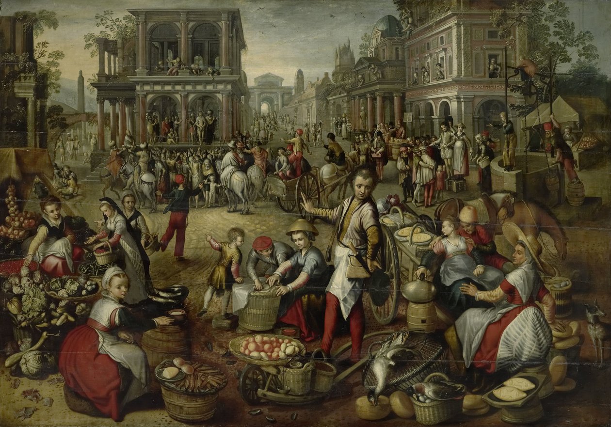 Rynek, w tle Biczowanie, Ecce Homo i Niesienie Krzyża autorstwa Joachim Bueckelaer (copy after)