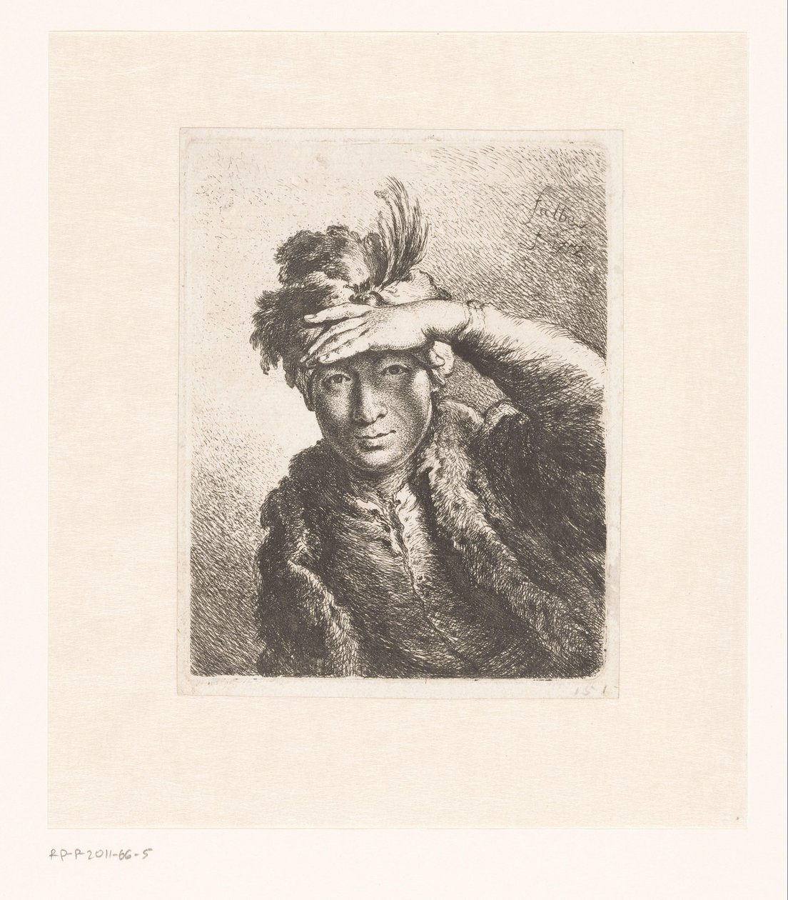Portret mężczyzny w berecie z piórami autorstwa Joachim Martin Falbe
