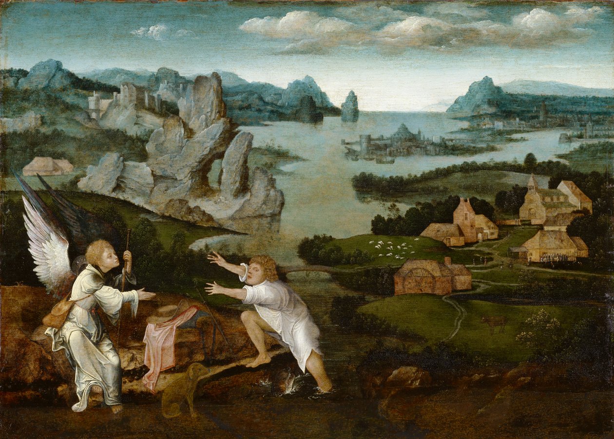 Krajobraz z Tobiaszem i Aniołem autorstwa Joachim Patenier