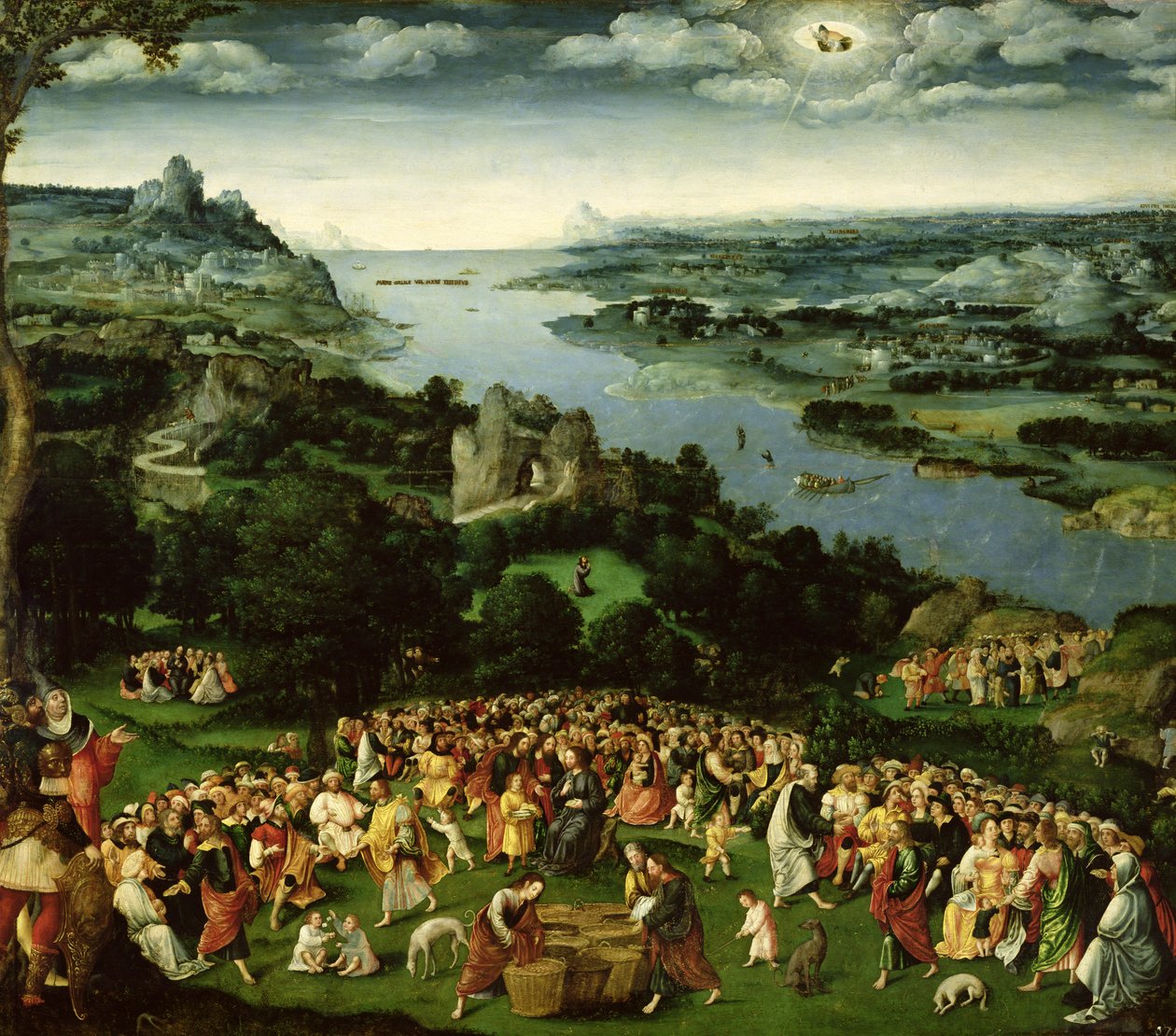 Nakarmienie pięciu tysięcy (olej na desce) autorstwa Joachim Patenier