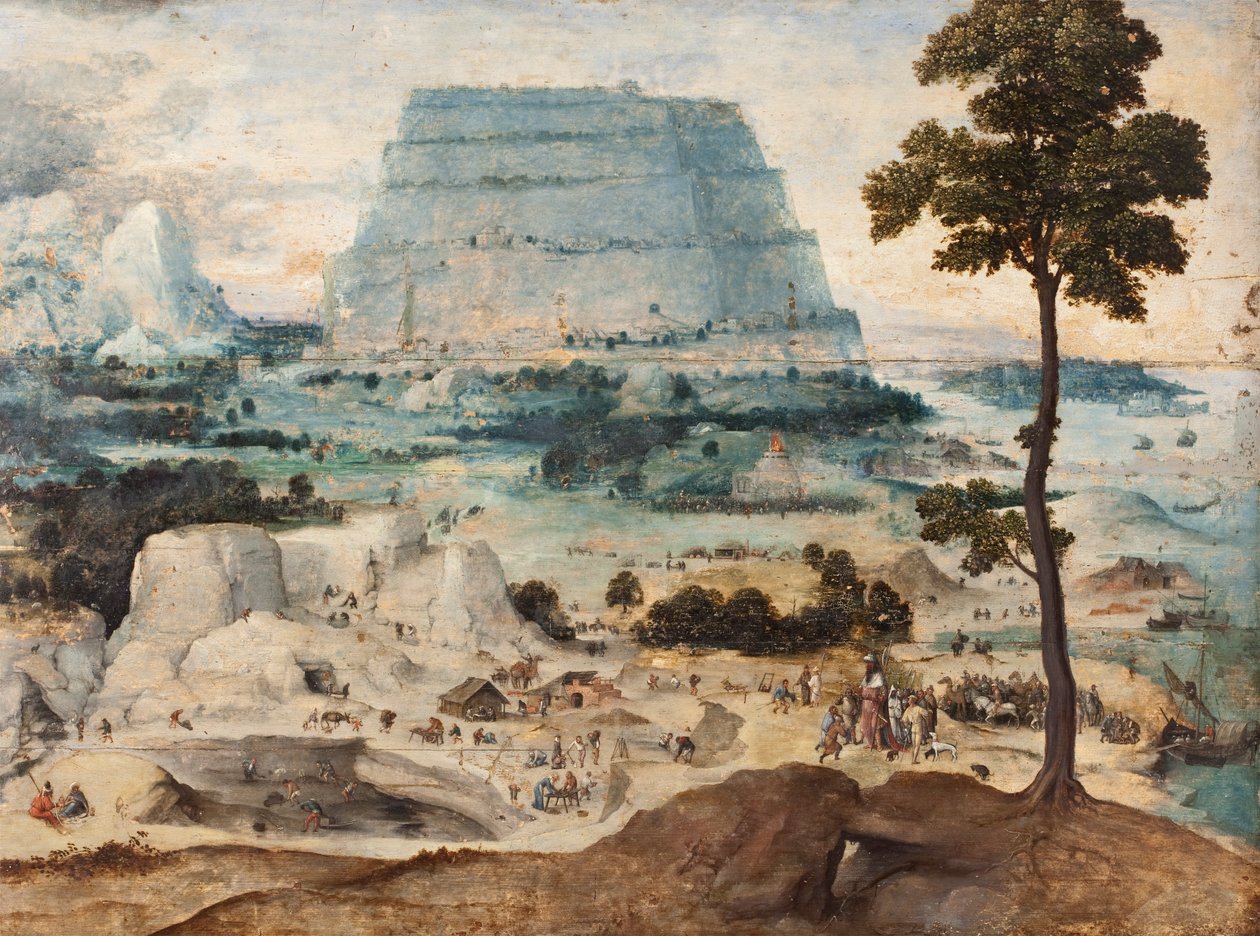 Budowa wieży Babel, ok. 1550 (olej na panelu) autorstwa Joachim Patinir
