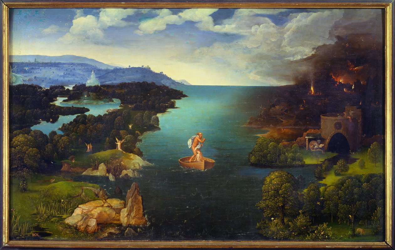 Przejście Styks Charon (Caron) na jego łodzi w Zaświatach. Obraz Joachima Patinira (Skater) (1485-1524) (ec.flam.) Słońce 0,64x1,03 m Madryt, musee du prado autorstwa Joachim Patinir