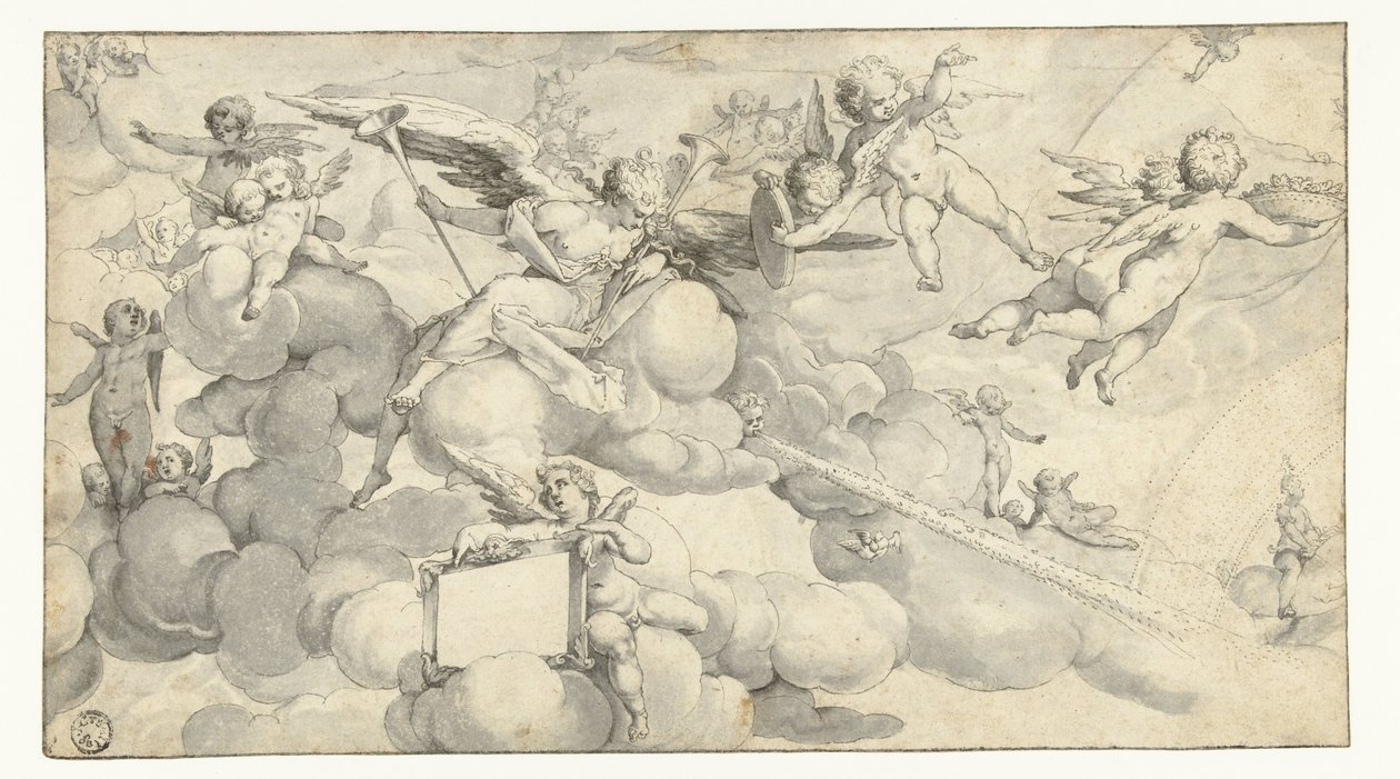 Putti i anioł z kartuszem autorstwa Joachim Wtewael (circle of)
