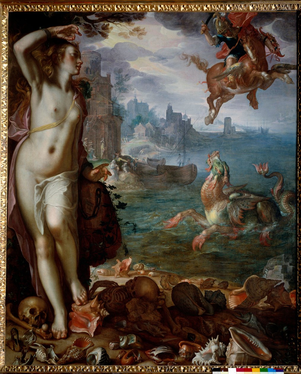 Persee ratujący Andromedę przykuty do skały Bohaterowie wspinają się na Pegazę, walczy z morskim potworem. Obraz Joachima Wtewaela (1566-1638) (Ec. Hol.) 1611 Nd. 1,8x1,5m² autorstwa Joachim Wtewael or Utewael
