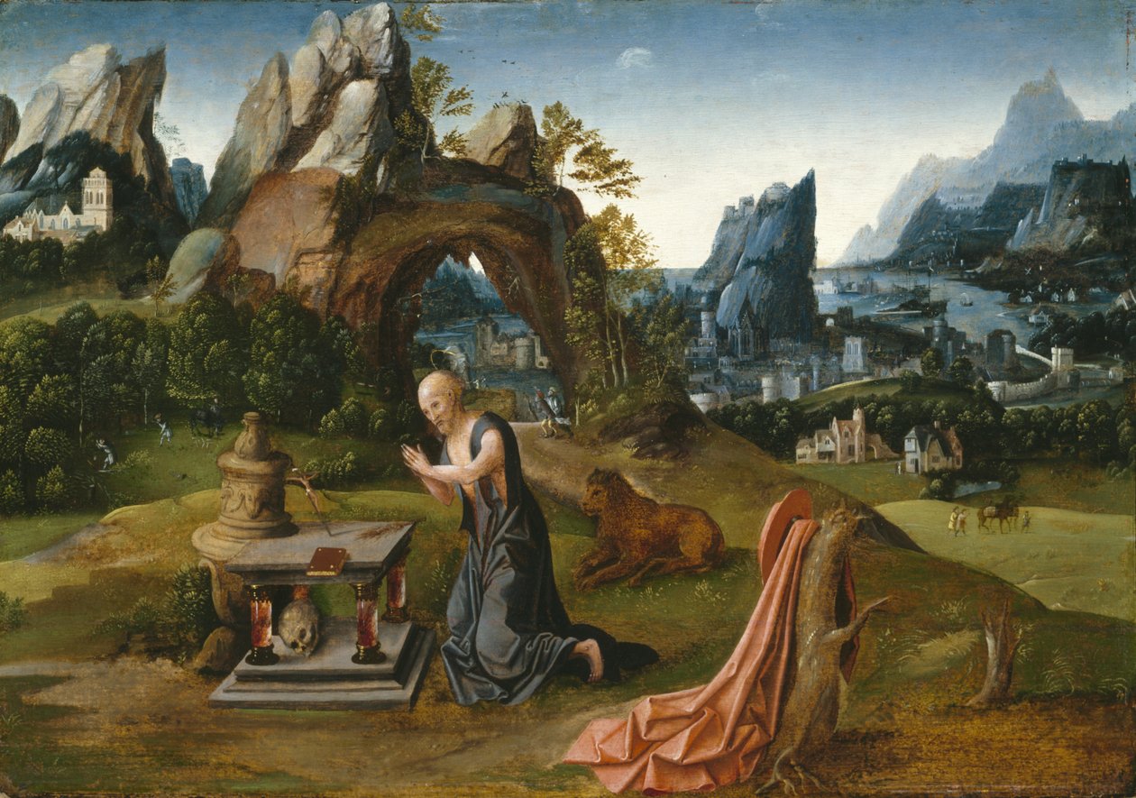 Św. Jerome modlący się na tle krajobrazu, 1525-50 autorstwa Joachim follower of Patenier or Patinir