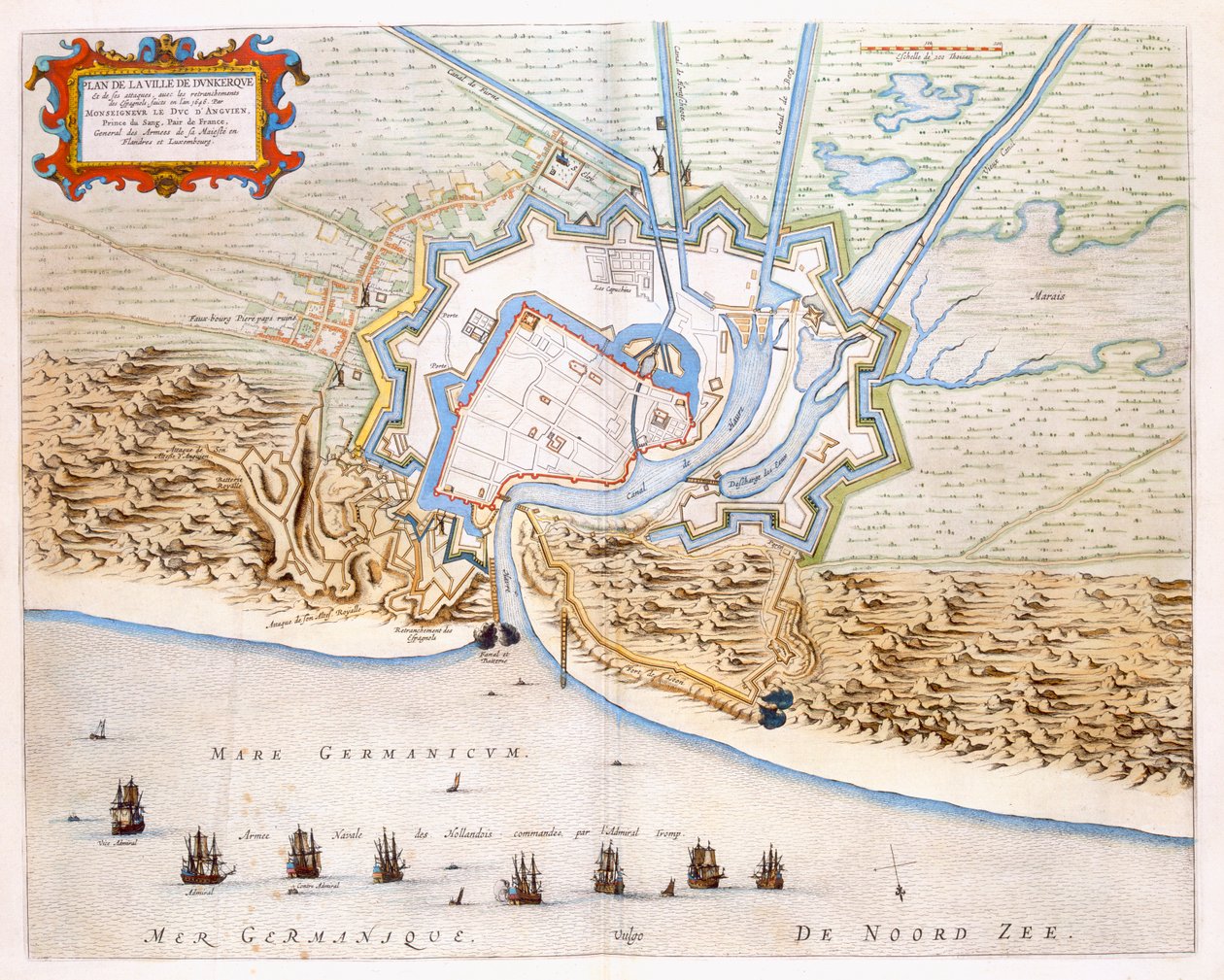 Miasto Dunkierka pod panowaniem hiszpańskim: plan przedstawiający obronę wybrzeża, zamek i fortyfikacje bastionowe, 1649 (rycina ręcznie kolorowana) autorstwa Joan Blaeu