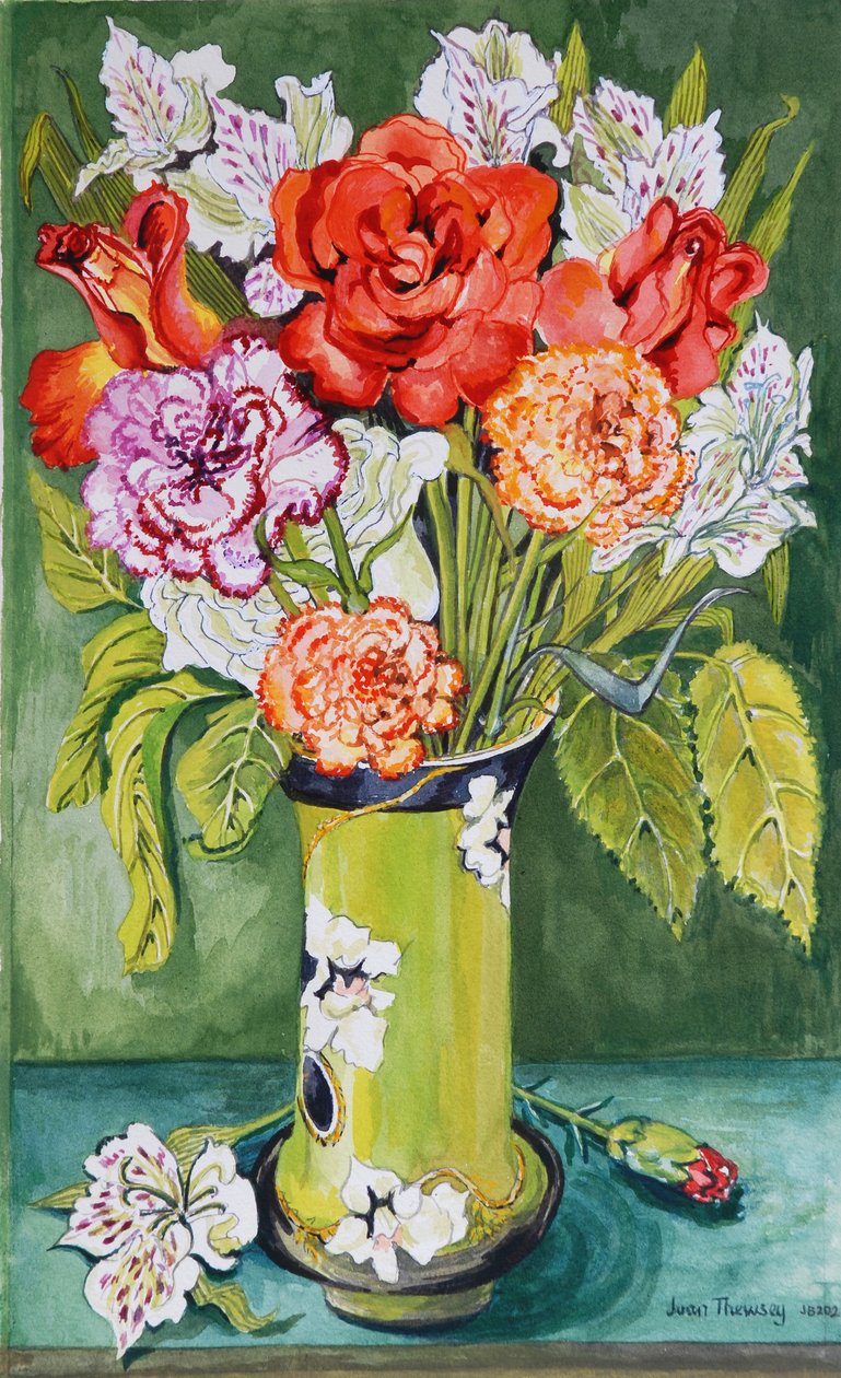 Goździki i Alstroemeria w secesyjnym wazonie 2011 autorstwa Joan Thewsey