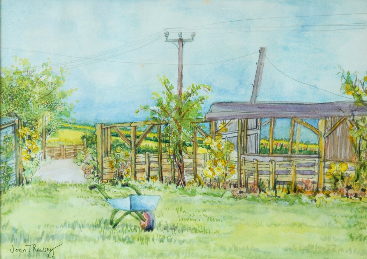 Domek Ogród z Taczką, 2011, ołówek i akwarela autorstwa Joan Thewsey