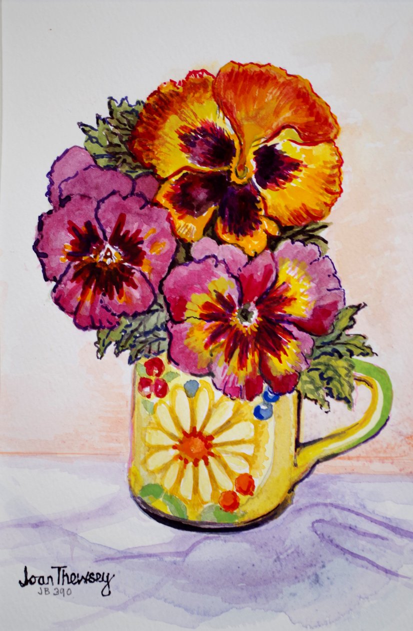 Bratki we wzorzystym kubku, 2015, (farba akwarelowa) autorstwa Joan Thewsey