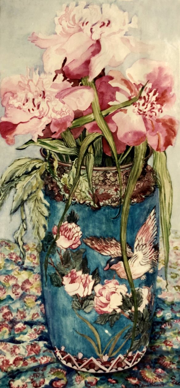 Piwonie w wazonie Cloisonne, autorstwa Joan Thewsey