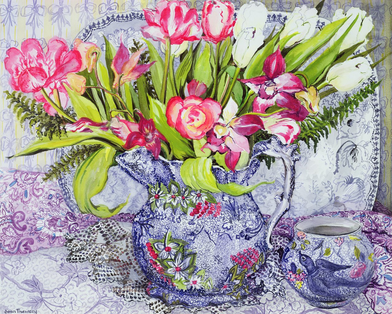 Różowe i białe tulipany, orchidee i niebieskie antyczne Chiny autorstwa Joan Thewsey
