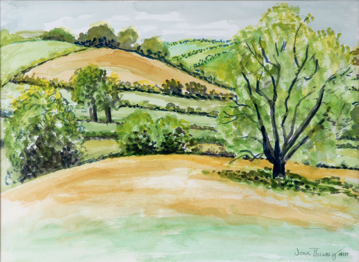 Krajobraz Suffolk, widok z kościoła Dalham, 2011, akwarela autorstwa Joan Thewsey