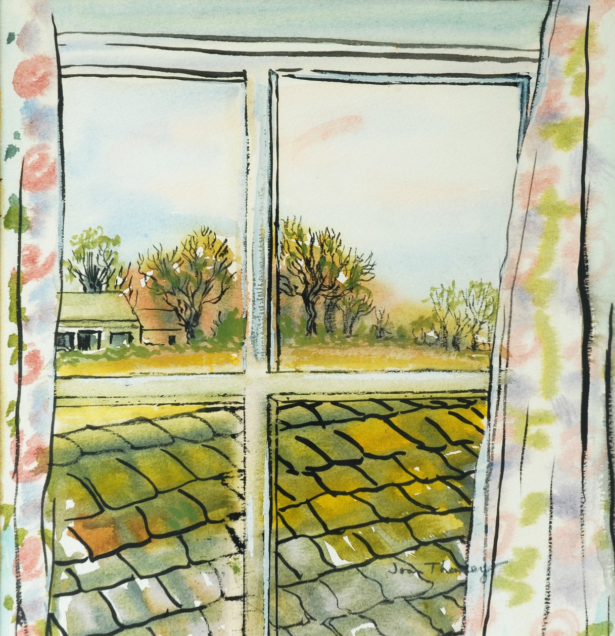 Przez okno chaty Suffolk, 2010, (akwarela) autorstwa Joan Thewsey