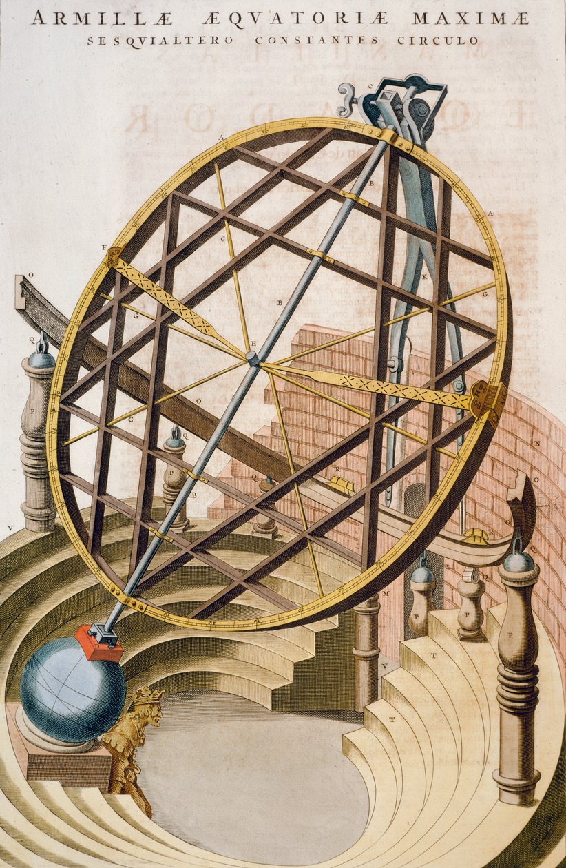 Wielka równikowa sfera armilarna zaprojektowana przez Tycho Brahe, ilustracja z Le grand atlas ou Cosmographie blaviane (Atlas Maior), Joan Blaeu, rycina, Holandia autorstwa Joan Blaeu