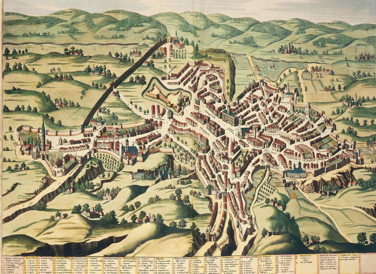 Włochy, Perugia, Umbria, mapa, grawerowanie z Theatrum Civitatum et Admirandorum Italiae autorstwa Joana Blaeu autorstwa Joan Blaeu