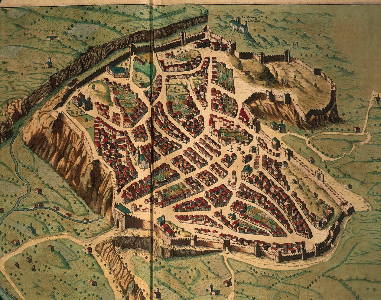 Mapa Acquapendente z Teatru Miasta i Cudownych Włoch Joana Blaeu, rycina autorstwa Joan Blaeu