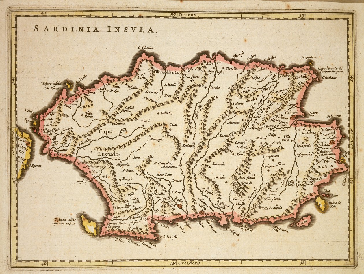 Mapa regionu Sardynii, Joan Blaeu autorstwa Joan Blaeu