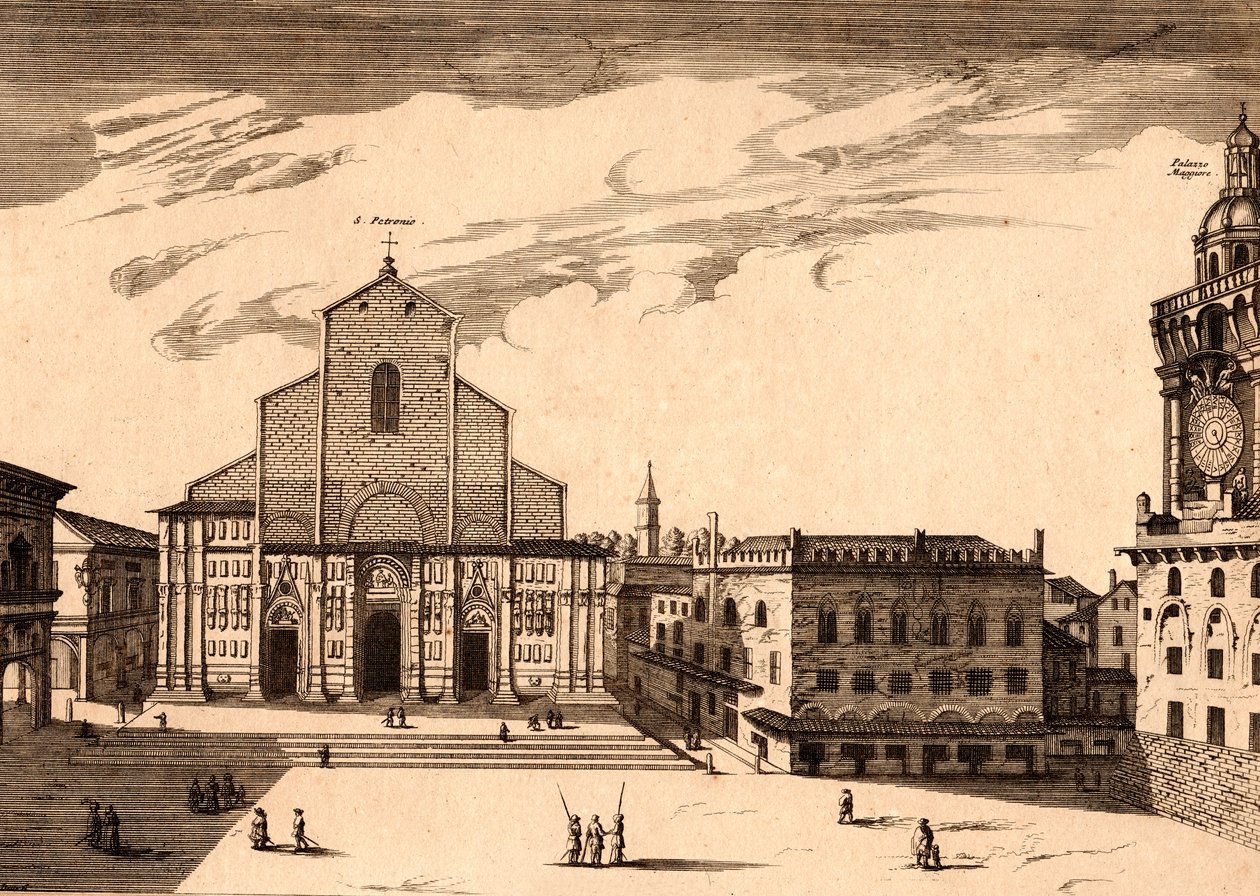 Bazylika San Petronio na Piazza Maggiore, Bolonia, Emilia-Romania, Włochy, miedzioryt, ok. 21x29 cm autorstwa Joan Blaeu