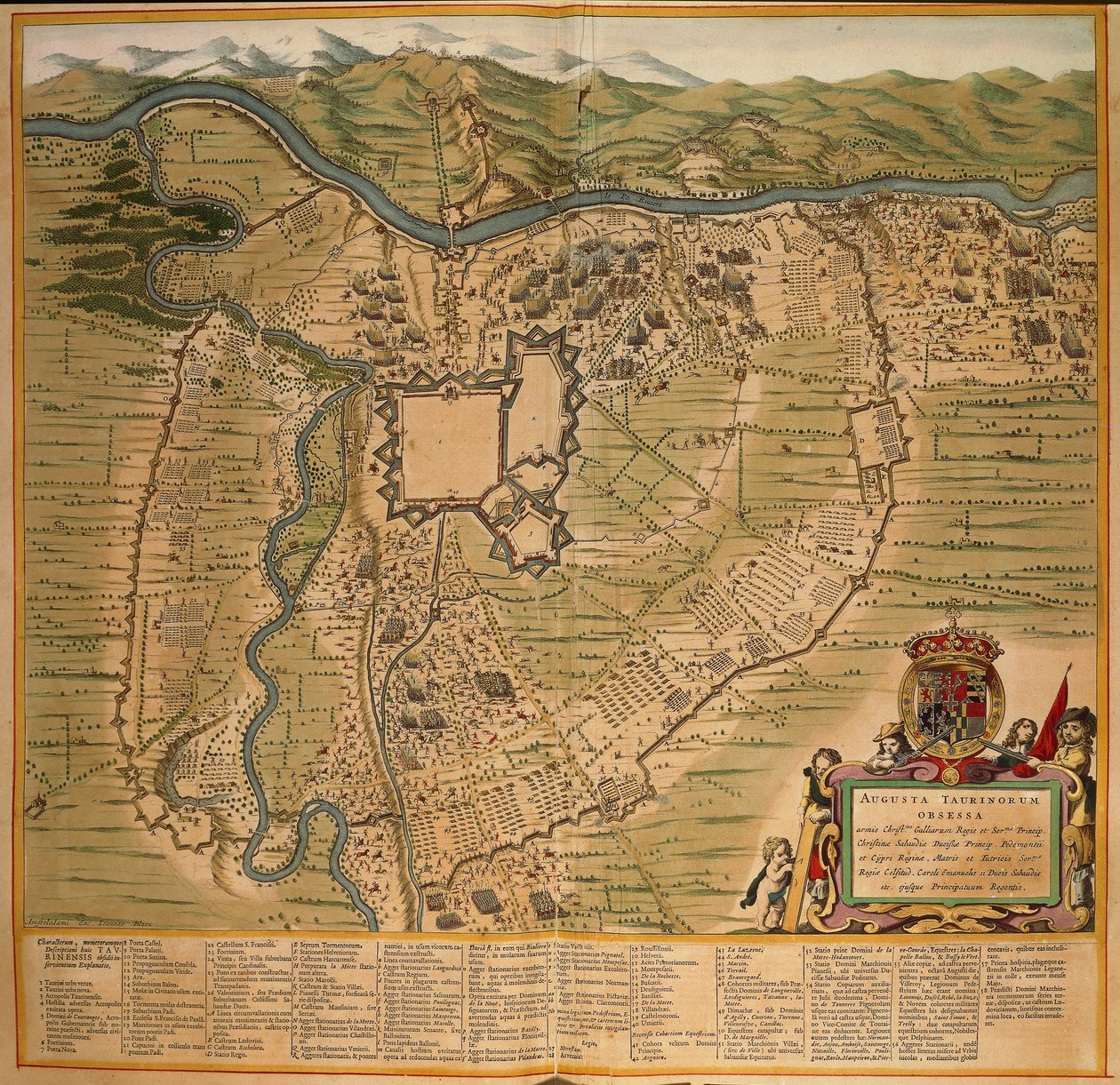 Oblężenie Turynu w 1639 r., kolorowa grafika z Teatru Sabaudiae autorstwa Joana Blaeu, wydrukowana we Włoszech autorstwa Joan Blaeu