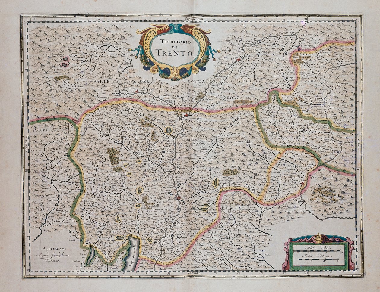 Obszar Trento, z Teatru Świata, czyli Nowego Atlasu Map i Reprezentacji Wszystkich Regionów (Theatrum orbis terrarum, sive, Atlas novus) Joana Blaeu (1596-1673), Włochy autorstwa Joan Blaeu