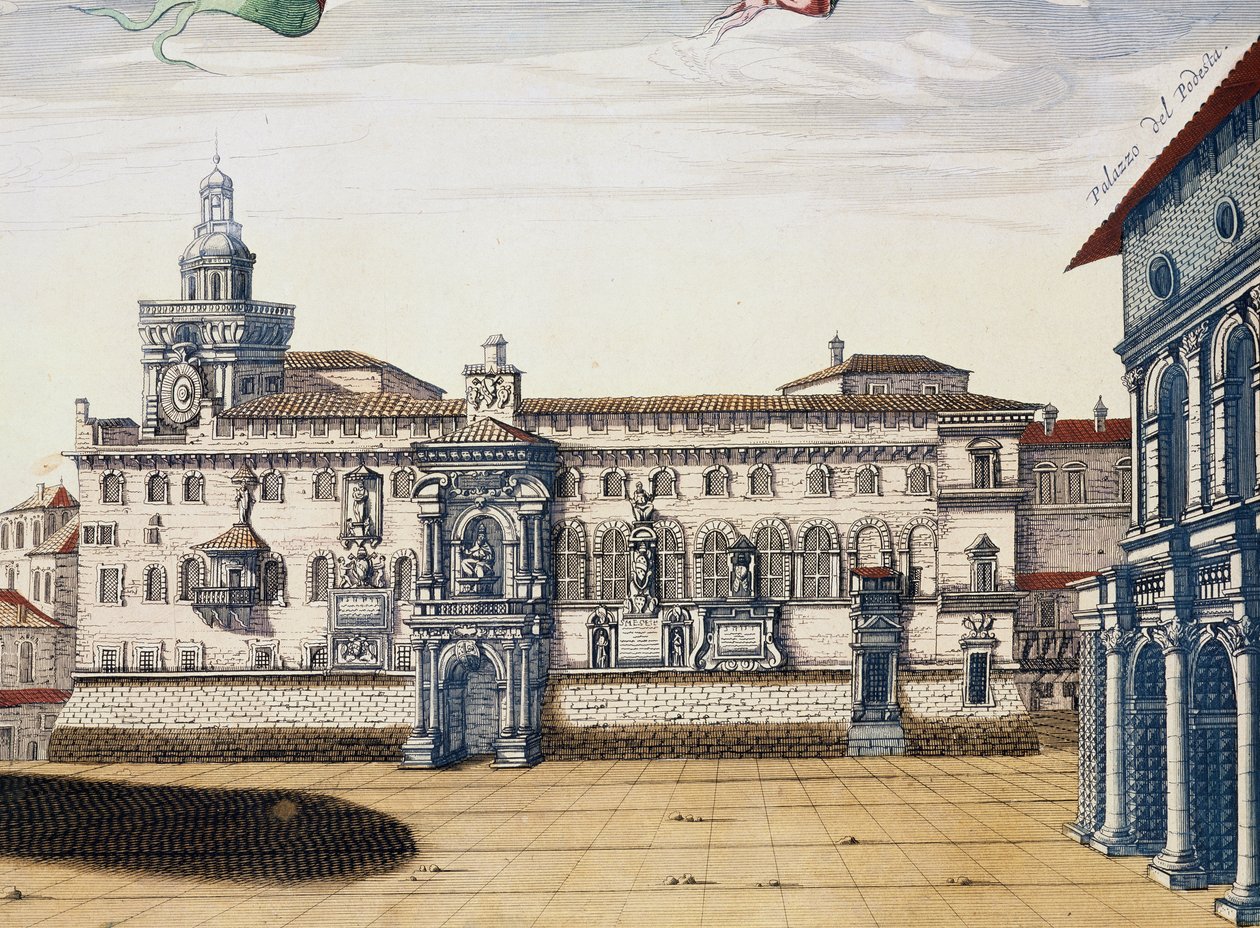 Widok starego placu w Bolonii, rycina Giacomo Lauro i Joan Blaeu z Teatru Miast i Cudów Włoch, wydanej w Amsterdamie w 1663 roku autorstwa Joan Blaeu