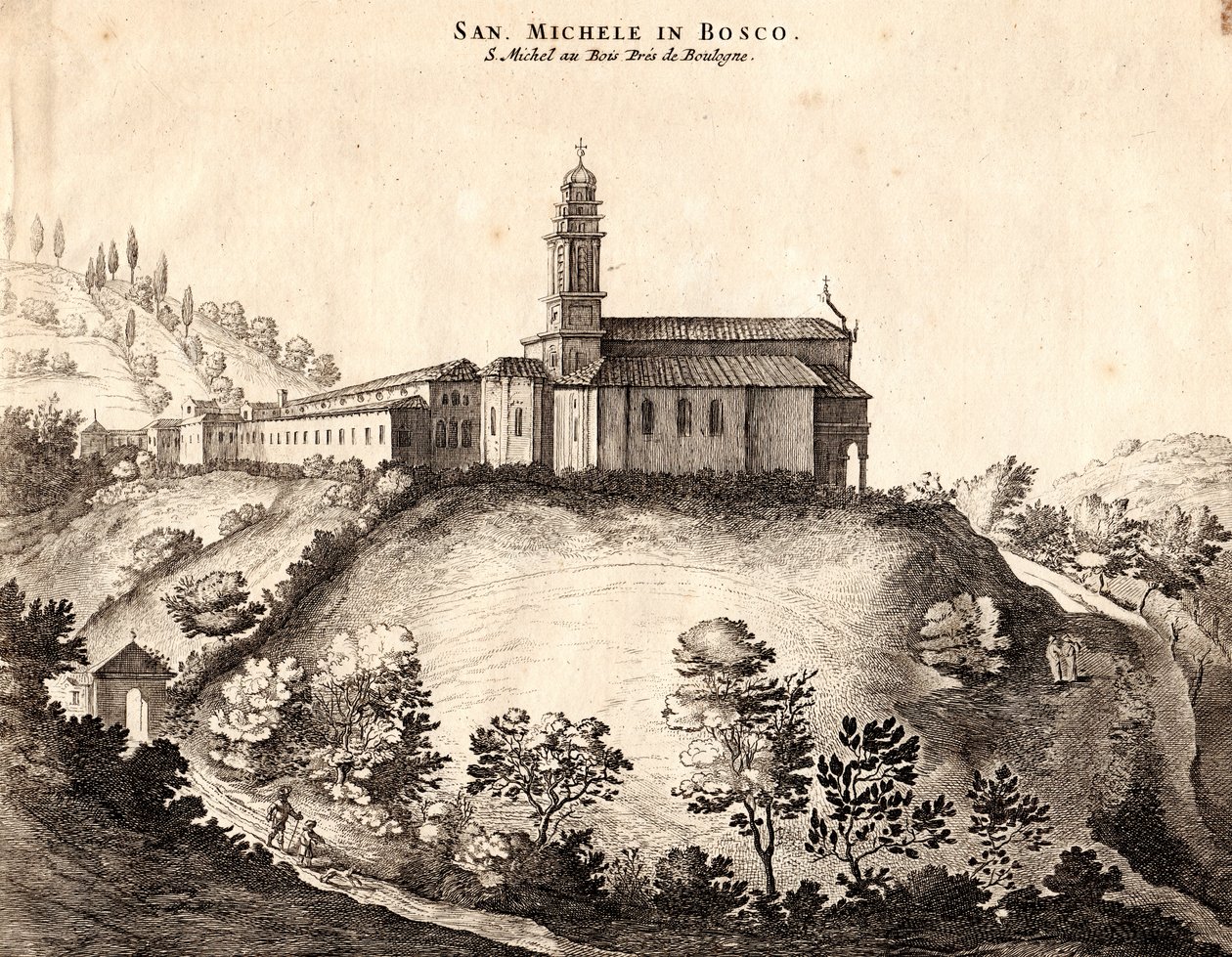 Widok klasztoru San Michele in Bosco, Bolonia, Emilia-Romania, Włochy, miedzioryt, ok. 21x29 cm autorstwa Joan Blaeu