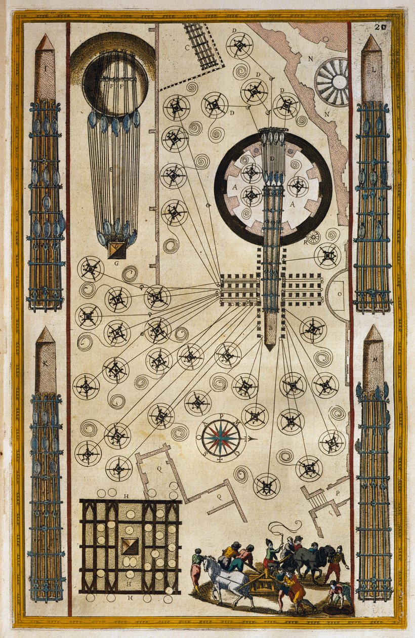 Wyciągarki do ruchomego obelisku, rycina z Teatru Miasta i Cudów Włoch autorstwa Joan Baleu (1596-1673) autorstwa Joan Blaeu