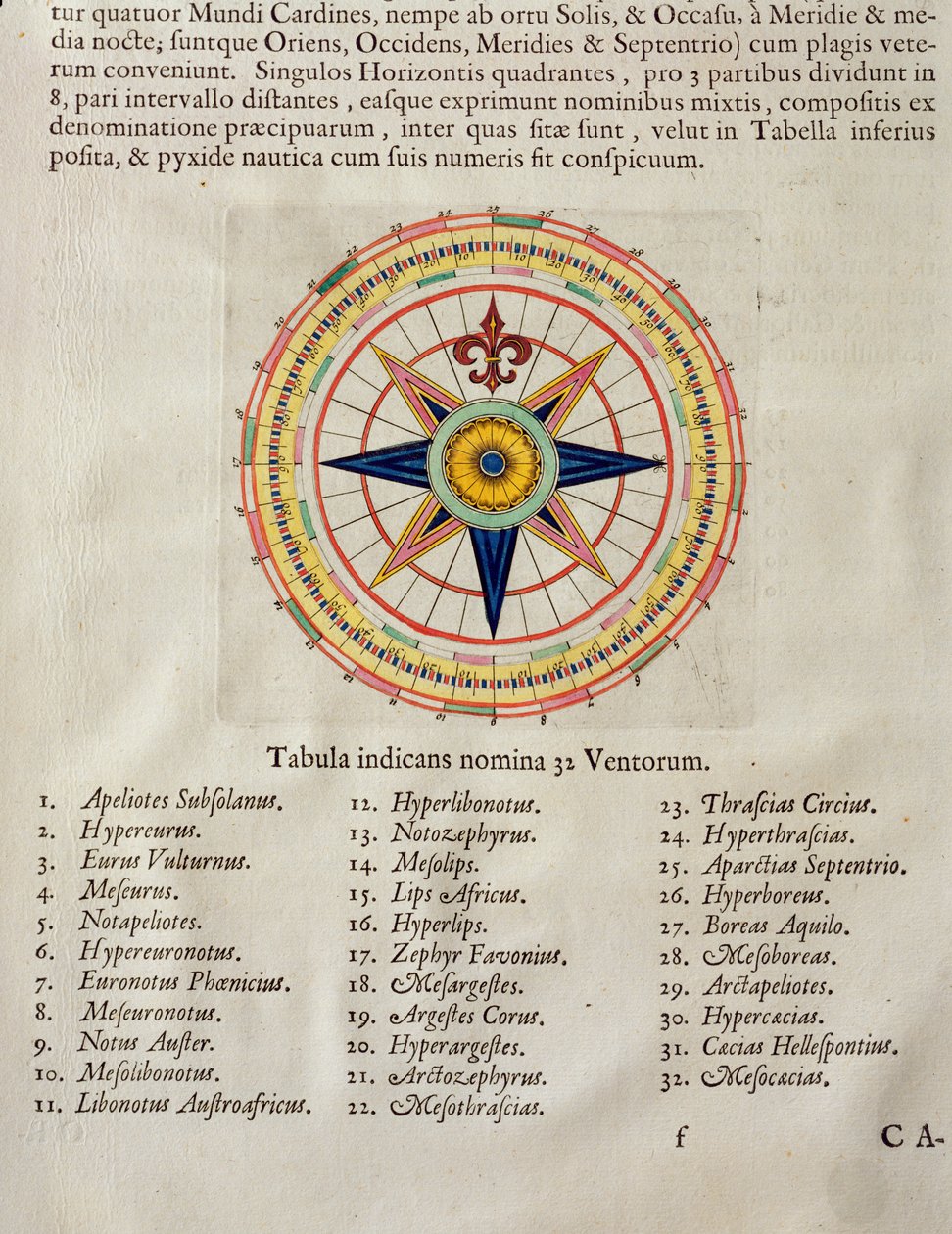 Róża wiatrów z 32 wiatrami świata, z „Atlas Maior, Sive Cosmographia Blaviana”, 1662 (kolorowy grawerunek) autorstwa Joan Blaeu