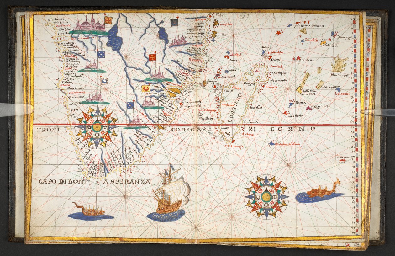 Mapa Afryki, na południe od równika, z częścią Oceanu Indyjskiego, z "Atlasu 17 map morskich autorstwa Joan Martines". autorstwa Joan Martines