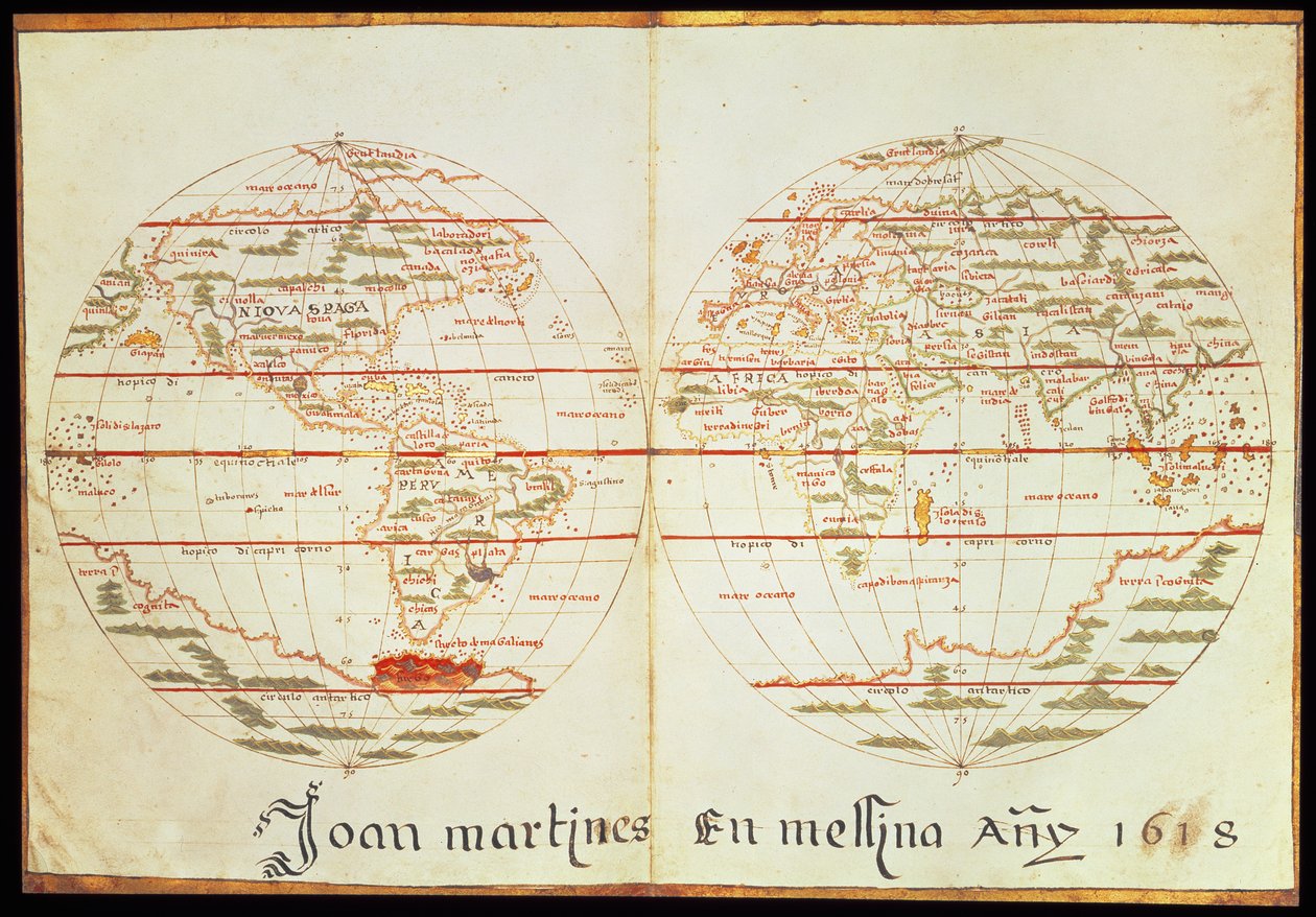 Mapa świata (pióro i tusz na papierze) autorstwa Joan Martines