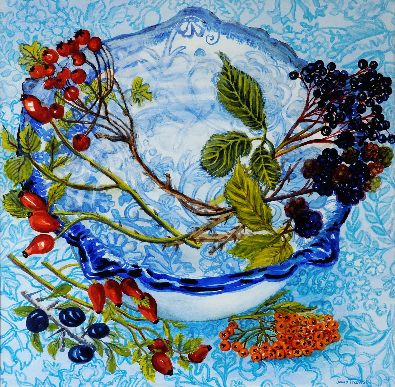 Niebieska miska antyczna z jagodami, 2010, akwarela autorstwa Joan Thewsey