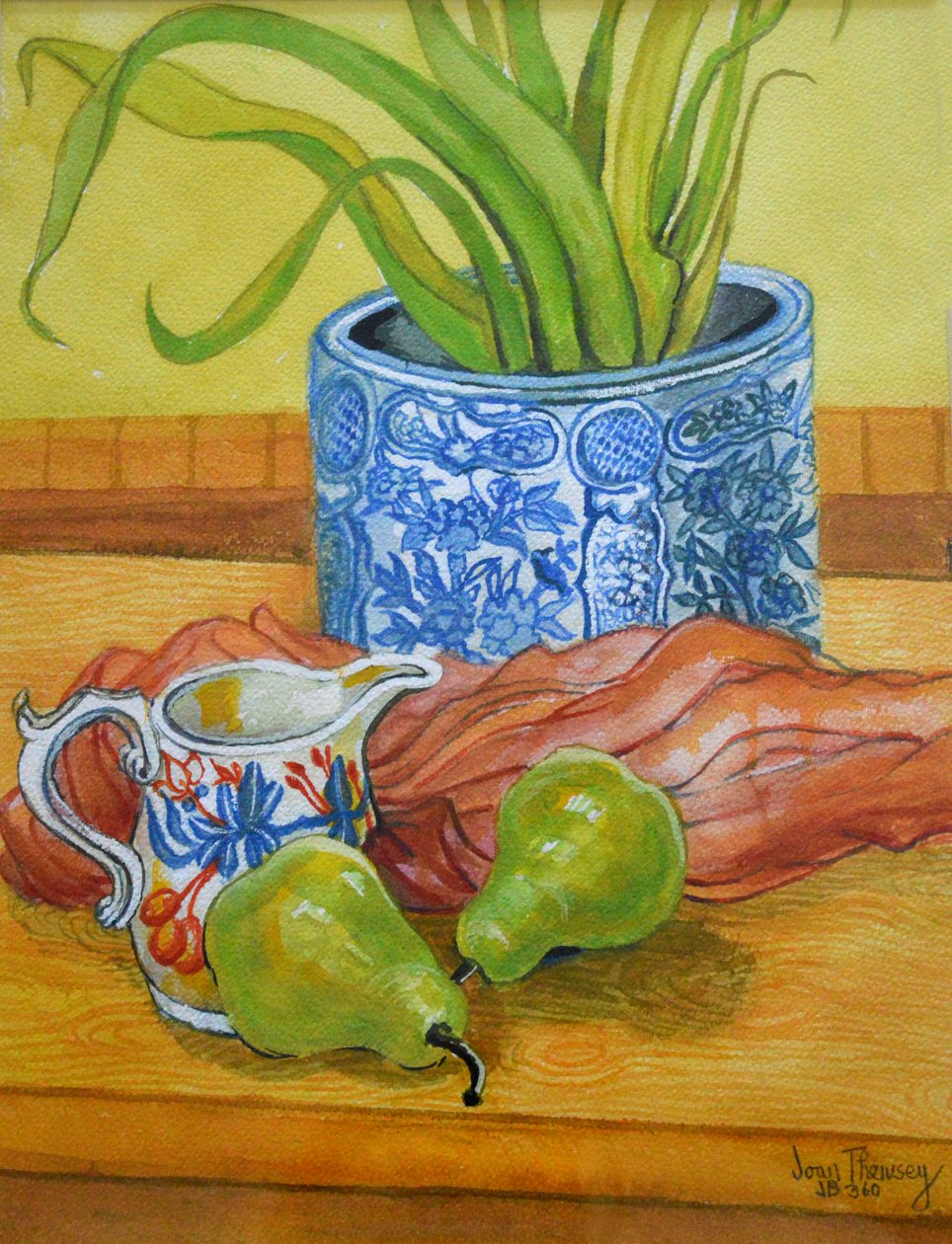 Niebiesko-biały garnek, dzban i gruszki, 2006 autorstwa Joan Thewsey