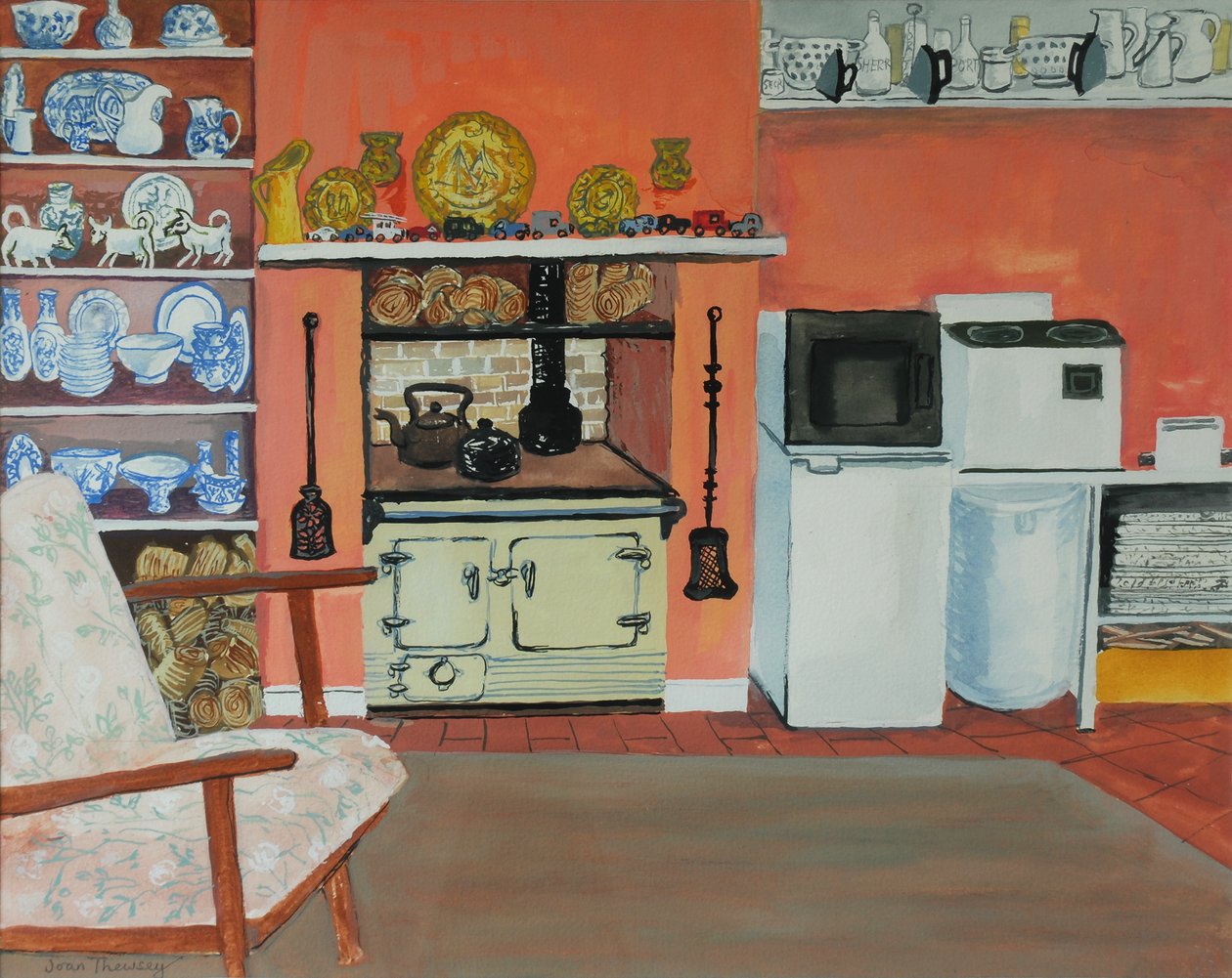 Kuchnia w domku, Red Cottage Studios, Suffolk z Rayburn, 2000, gwasz autorstwa Joan Thewsey