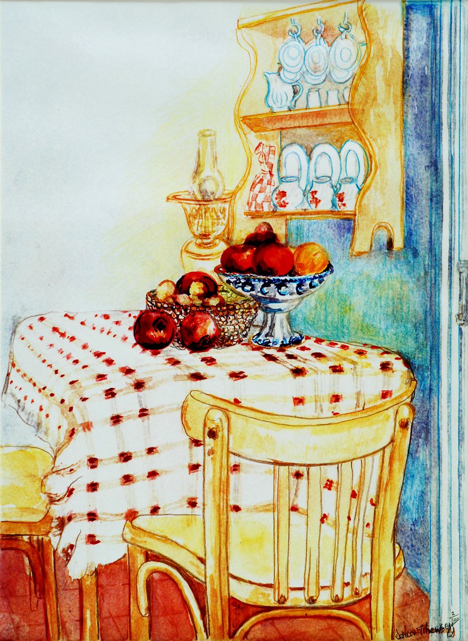 Wiejski Stół Kuchenny z Jabłkami, 2005,(akwarela) autorstwa Joan Thewsey
