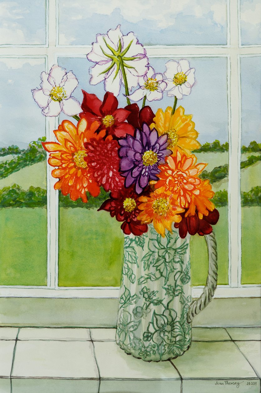 Dalie na parapecie domku, 2010, akwarela autorstwa Joan Thewsey