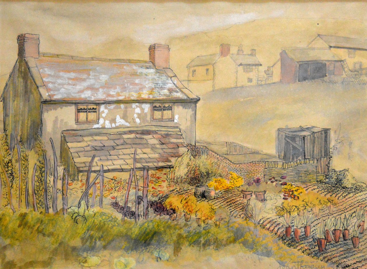 Domek Moorland,2014 (pióro, tusz i akwarela) autorstwa Joan Thewsey
