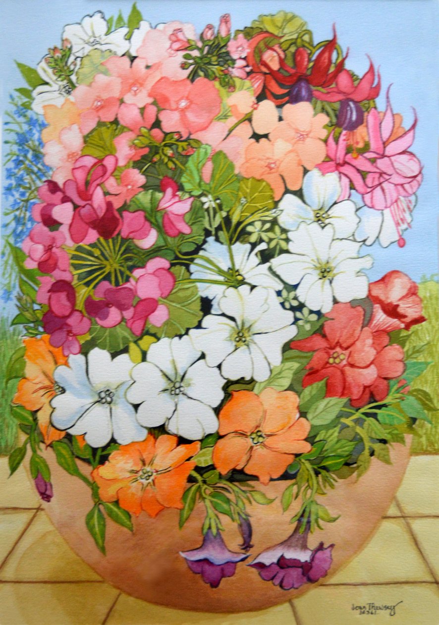 Petunie, pelargonie i fuksje w doniczce tarasowej, 2005, autorstwa Joan Thewsey