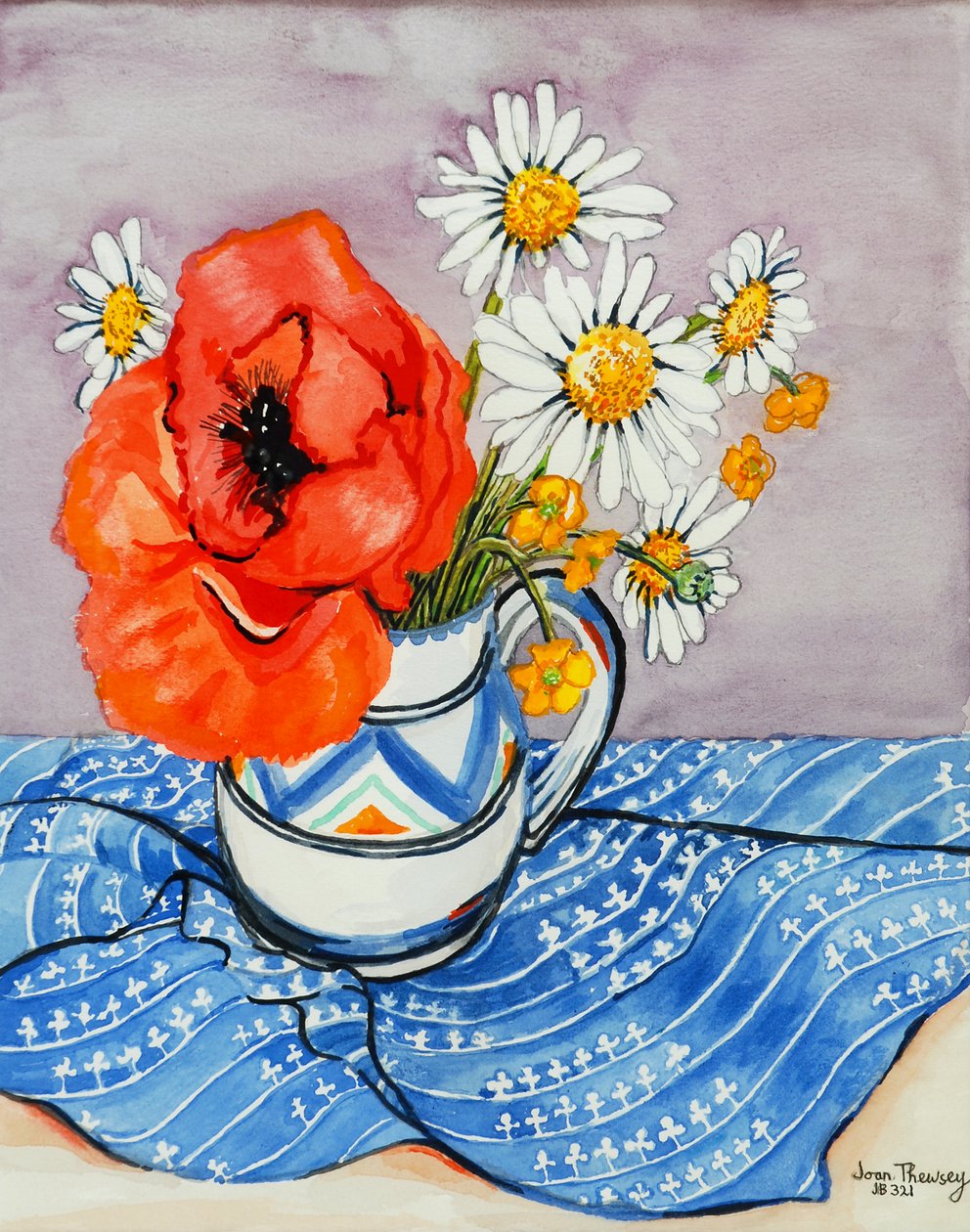 Czerwony mak orientalny i Marguerites w dzbanku Honiton, 2005, (farba wodna) autorstwa Joan Thewsey