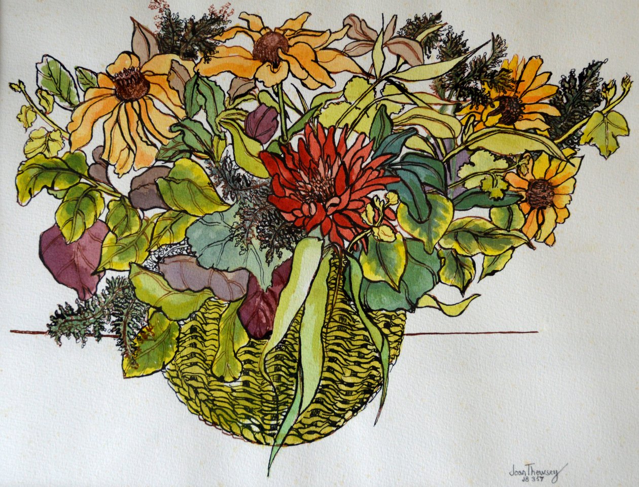 Rudbeckia z listowiem w koszu, 2011 (długopis, tusz i akwarela) autorstwa Joan Thewsey
