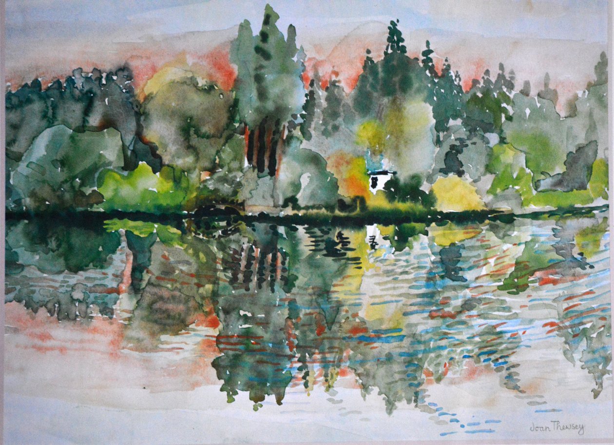 Jezioro o zachodzie słońca, Bremes les Ardres, 2000, autorstwa Joan Thewsey