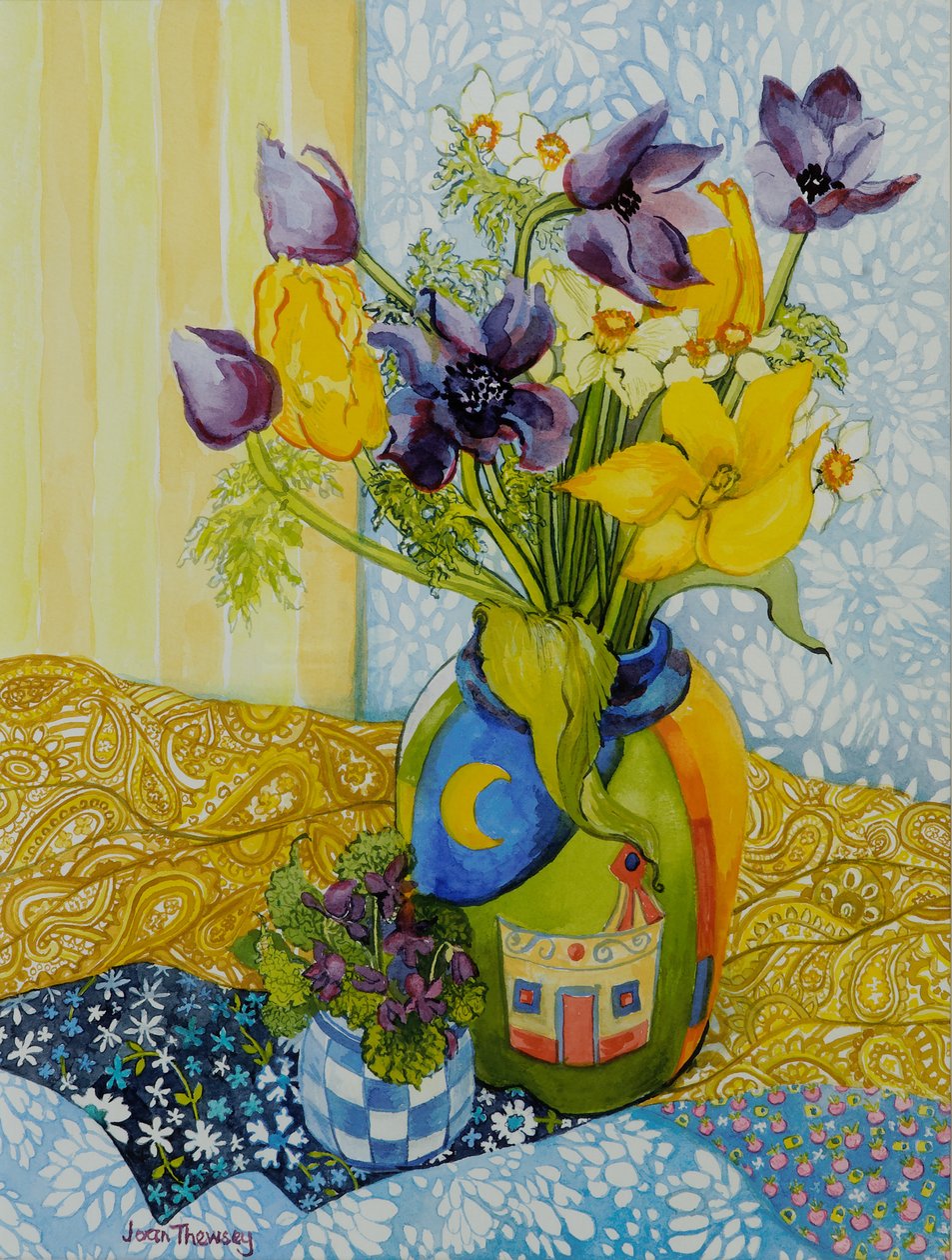 Tulipany i zawilce z garnkiem fiołków, 2010, akwarela autorstwa Joan Thewsey