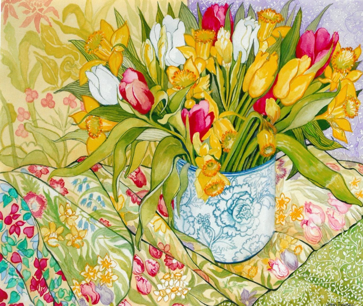 Tulipany i żonkile z wzorzystymi tkaninami, 2000, (farba akwarelowa) autorstwa Joan Thewsey