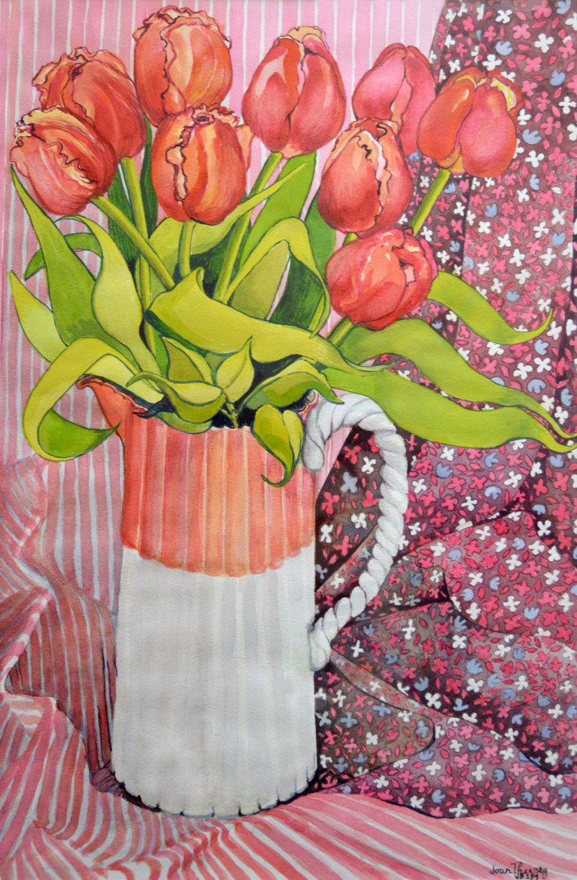 Tulipany w różowo-białym dzbanku,2005 autorstwa Joan Thewsey