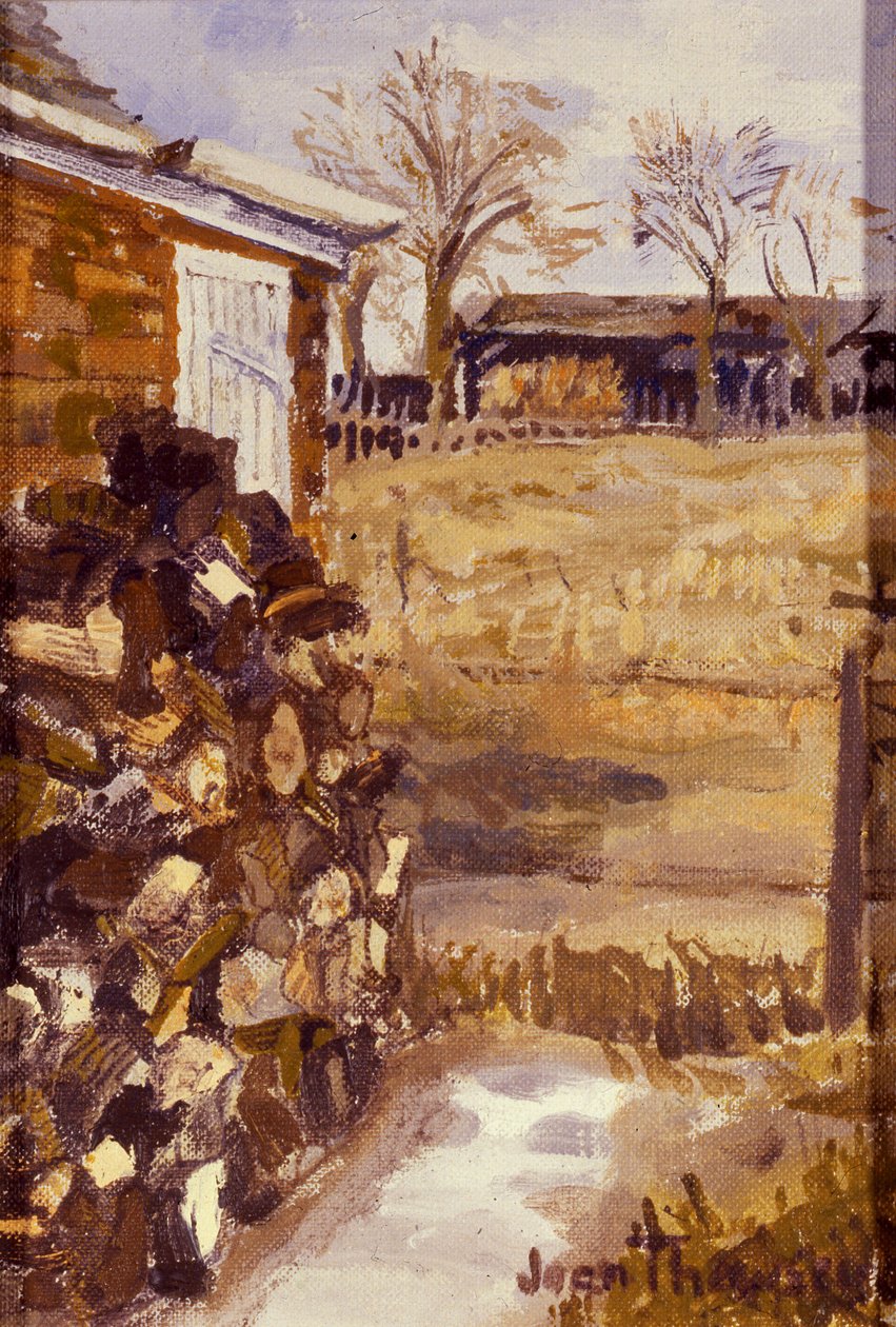 Widok z okna chaty, kłody przechowywane na zimę, 1987, olej, płótno autorstwa Joan Thewsey